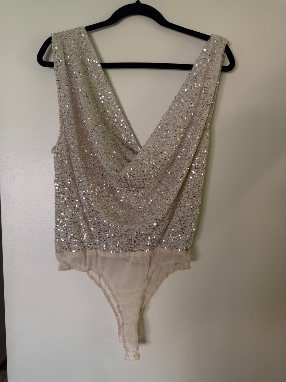 Lulu's Champagne Sequin Draped V-Neck Bandeau Bodysuit